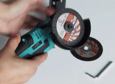 Power Angle Grinder inserting battery, turning on, cutting aluminum rod(GIF)