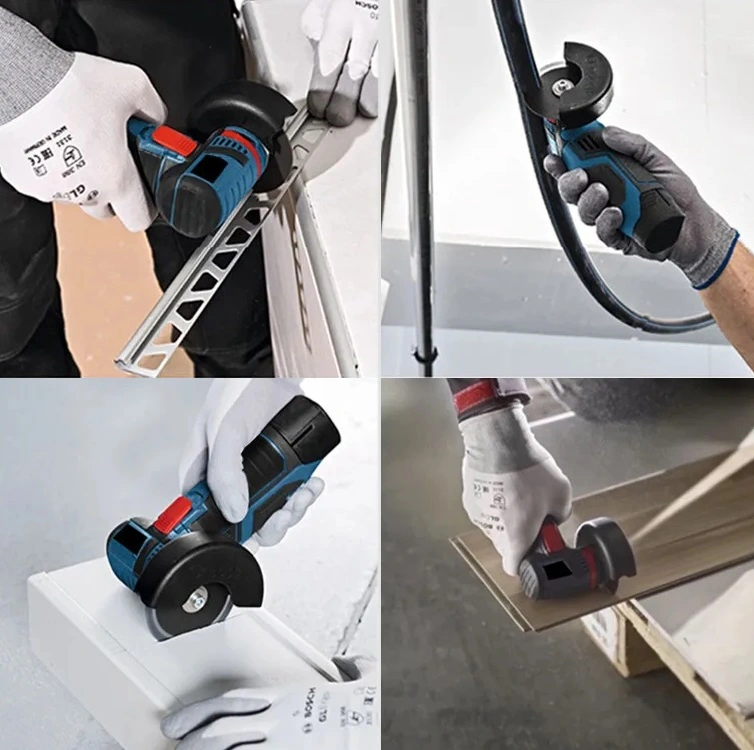 4-in-1 images of Power Angle Grinder in use, cutting different materials